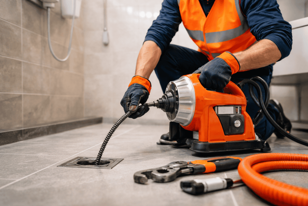 debouchage-drain-plomberie-urgence Plombier effectuant un débouchage de drain avec équipement professionnel