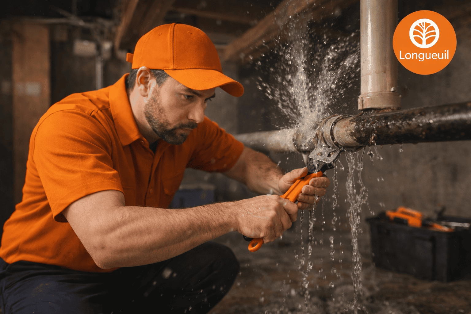 plombier-urgence-longueuil Plombier intervenant sur une fuite de tuyau dans un sous-sol à Longueuil