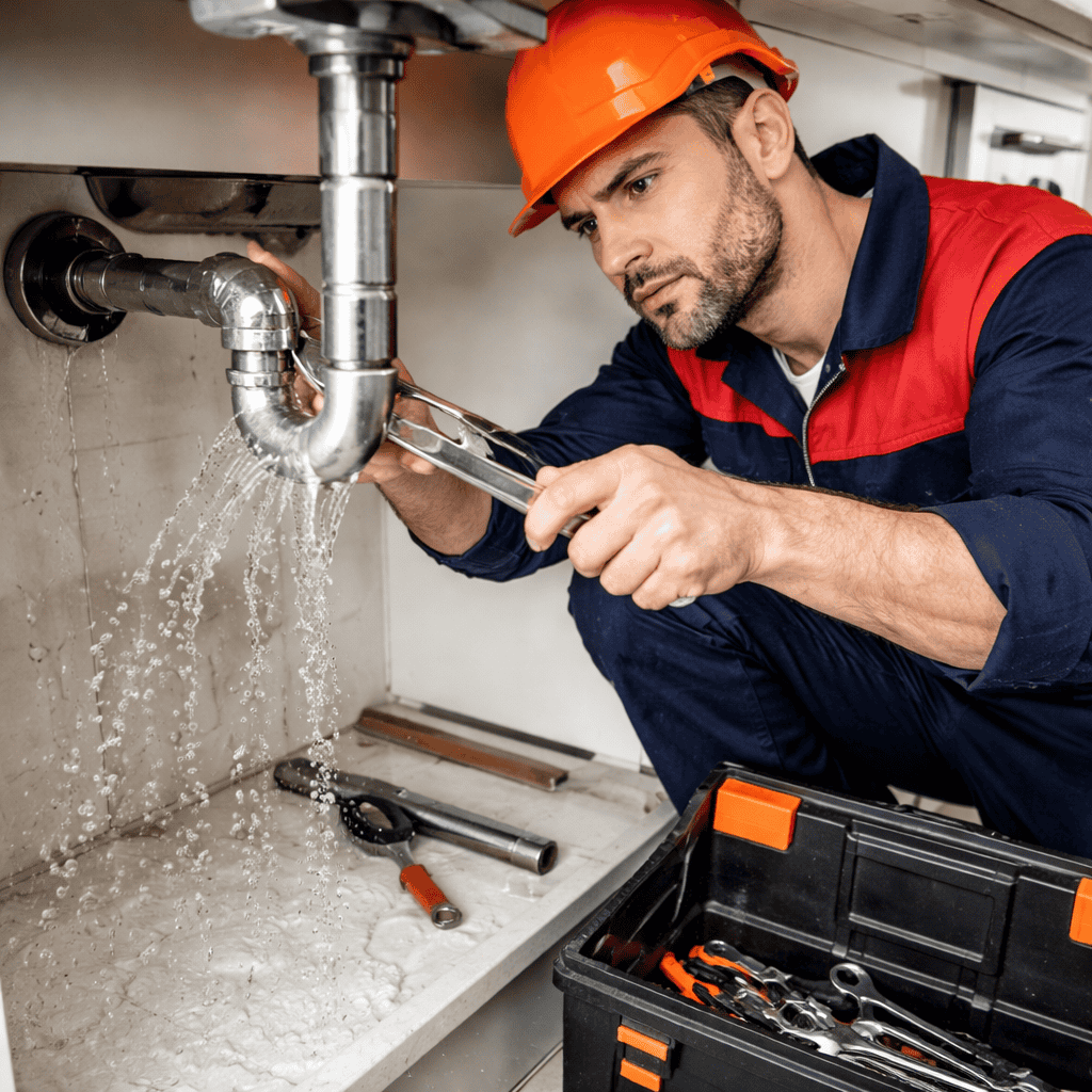 plumber-emergency-water-leak-repair Emergency plumber repairing a water leak under a sink - 24-hour emergency plumbing service
