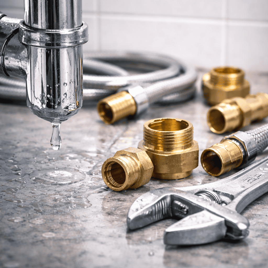 work-plumbing-leak-drain-fittings Plumbing fittings and tools with water leakage illustrating various plumbing jobs