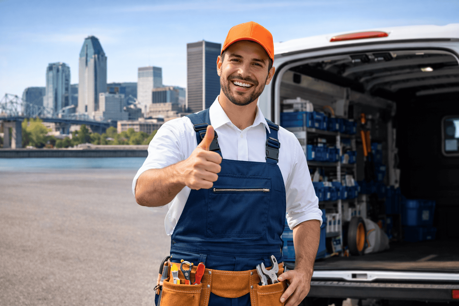 plombier-montreal-service-rapide-urgence Plombier à Montréal devant un camion de service, intervention rapide en plomberie résidentielle et commerciale
