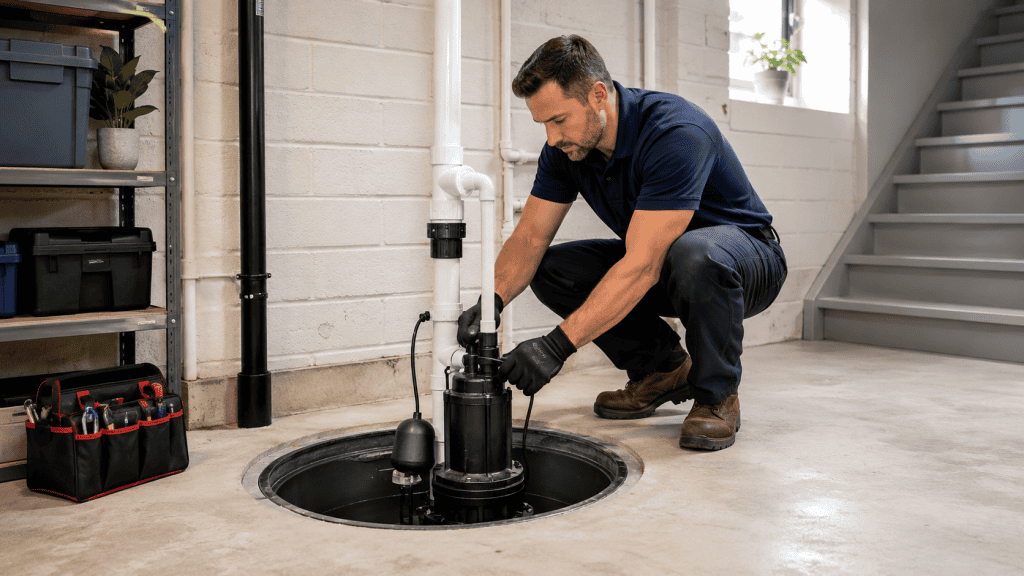 sump pump basement installation Plumber installing a sump pump in a basement to drain water