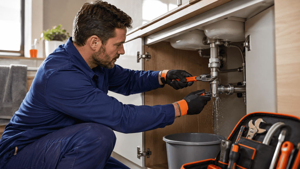 reparation-fuite-eau-plombier-urgence Plombier réparant une fuite d’eau sous un évier avec outils de plomberie