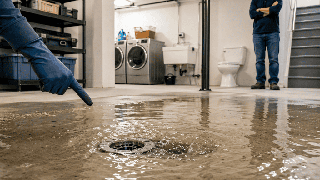 Refoulement d’égout au sous-sol – drain de plancher Refoulement d’égout au sous-sol avec eau qui remonte par le drain de plancher